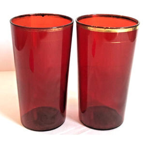 2 Vintage 1930s Ruby Red Glass Drink Tumblers Glasses Barware Gold Band Unmarked